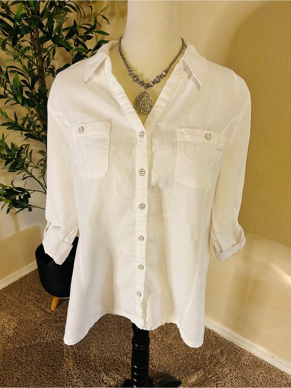 JM Collection 100% Linen White Button Down Shirt 3/4 Sleeve